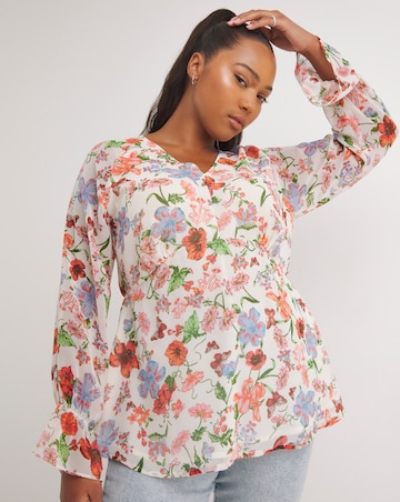 Ivory Floral Print V Neck Long Sleeve Chiffon Blouse