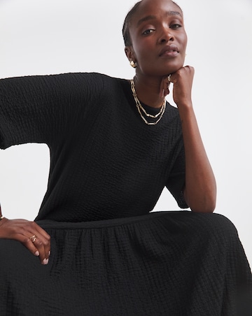 Black Textured Jersey Drop Waist Midi Dress