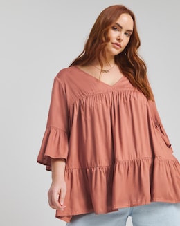 Simply Be Terracotta Viscose  V Neck Tiered Smock Blouse