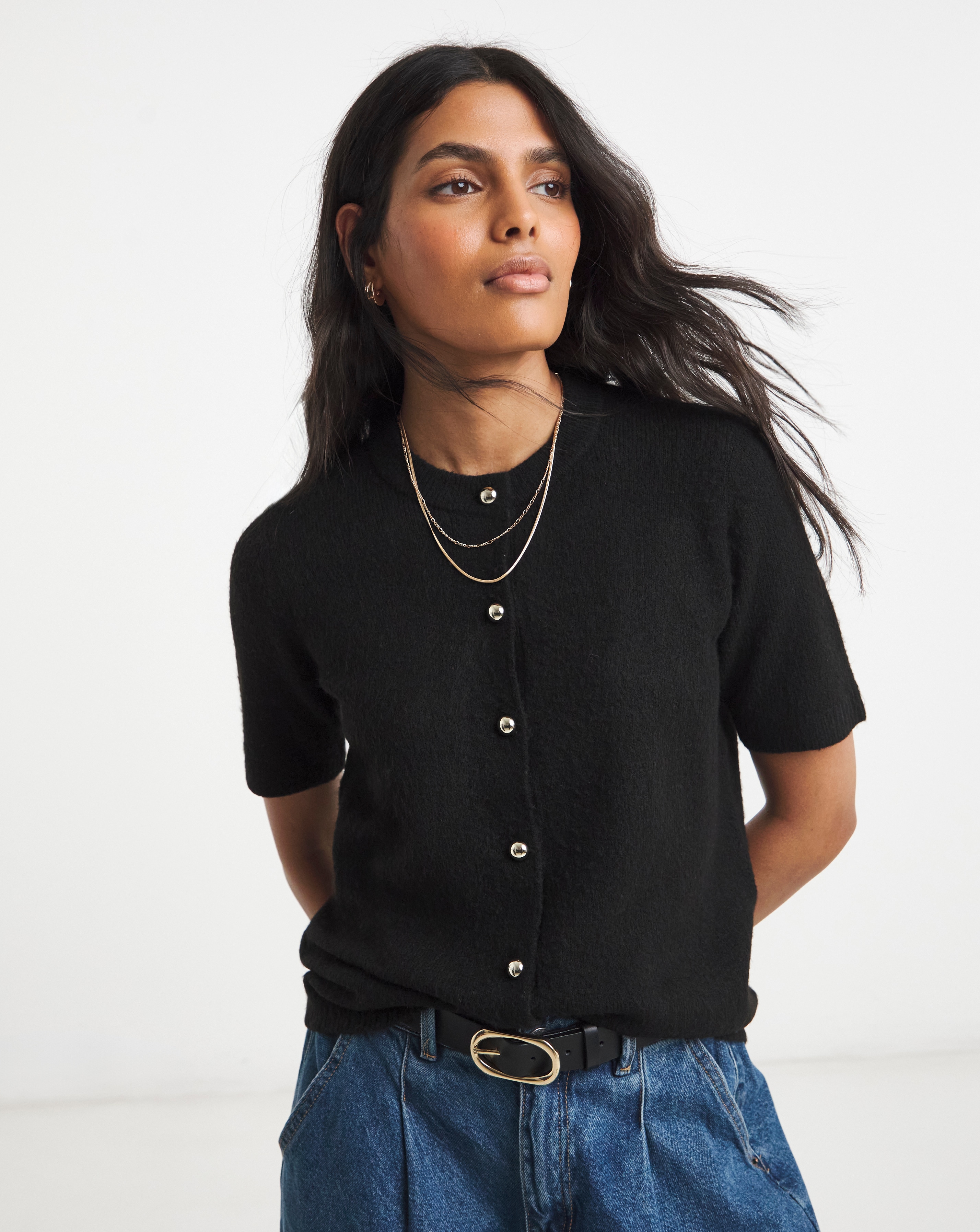 Black Textured Puff Sleeve Gold Button Cardigan | Simply Be