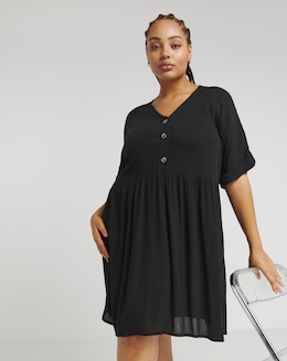 Simply Be Black Crinkle Button Through Pocket Smock Dress