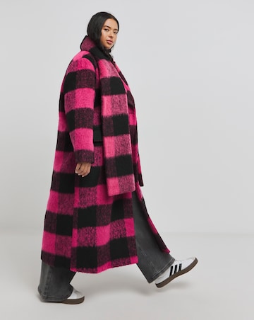 Pink Blanket Check Faux Wool Maxi Scarf Coat
