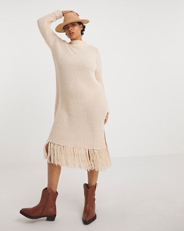 Cream Fringe Knitted Midi Dress