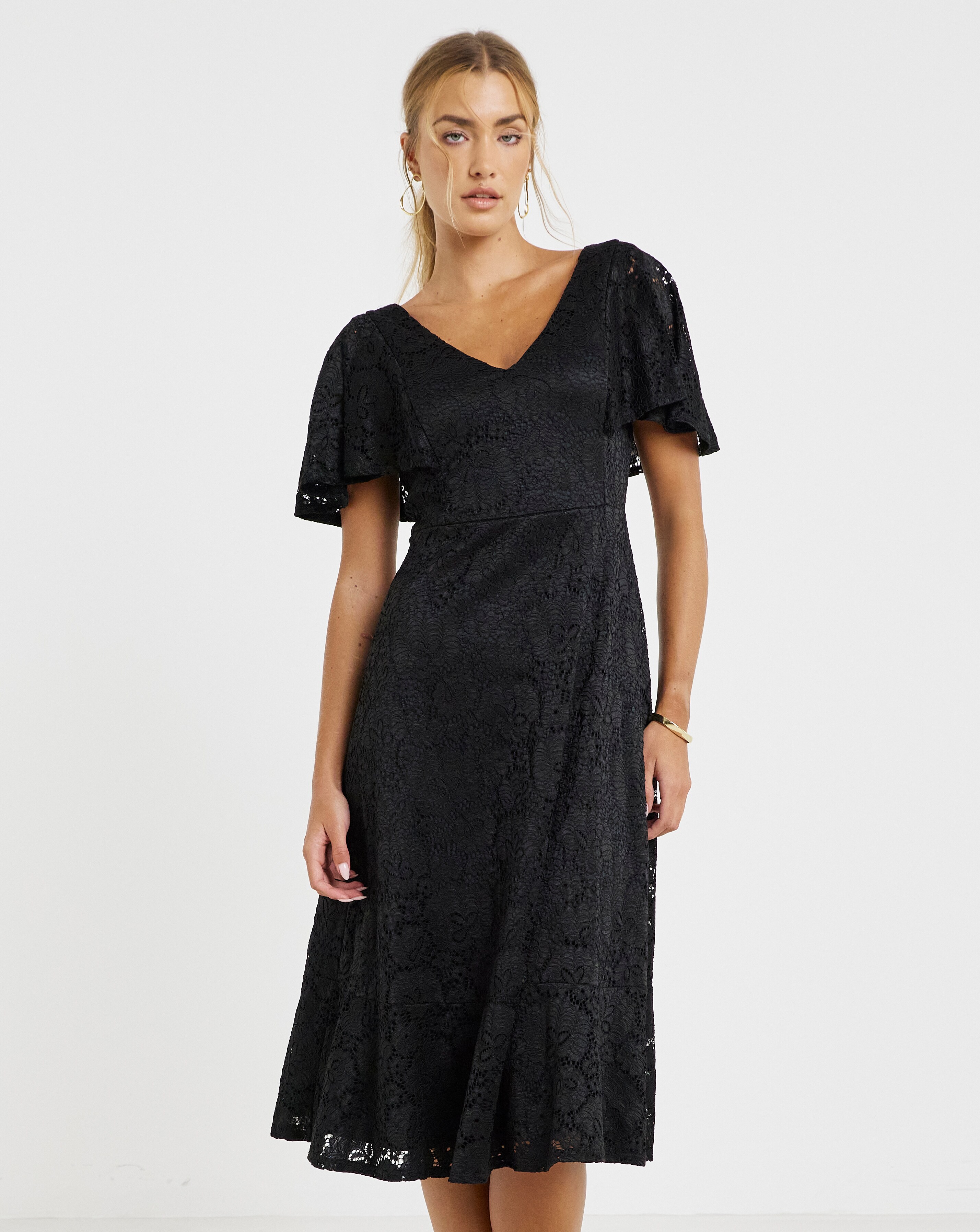 Joanna Hope Black Angel Sleeve Stretch Lace Midi Dress