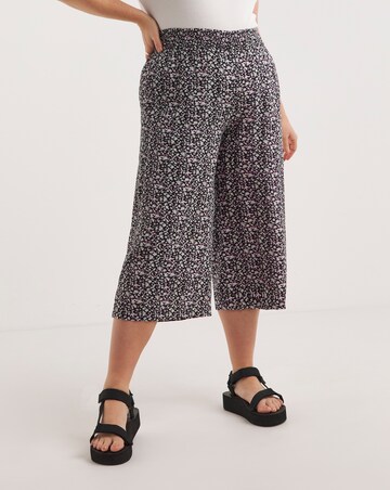 Black Ditsy Floral Lightweight Woven Shirred Waist Culotte Trouser