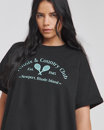 Black Cotton Jersey Graphic Short Sleeve Midi T-Shirt Dress