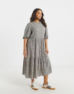Mono Ditsy Print Tiered Midi Dress