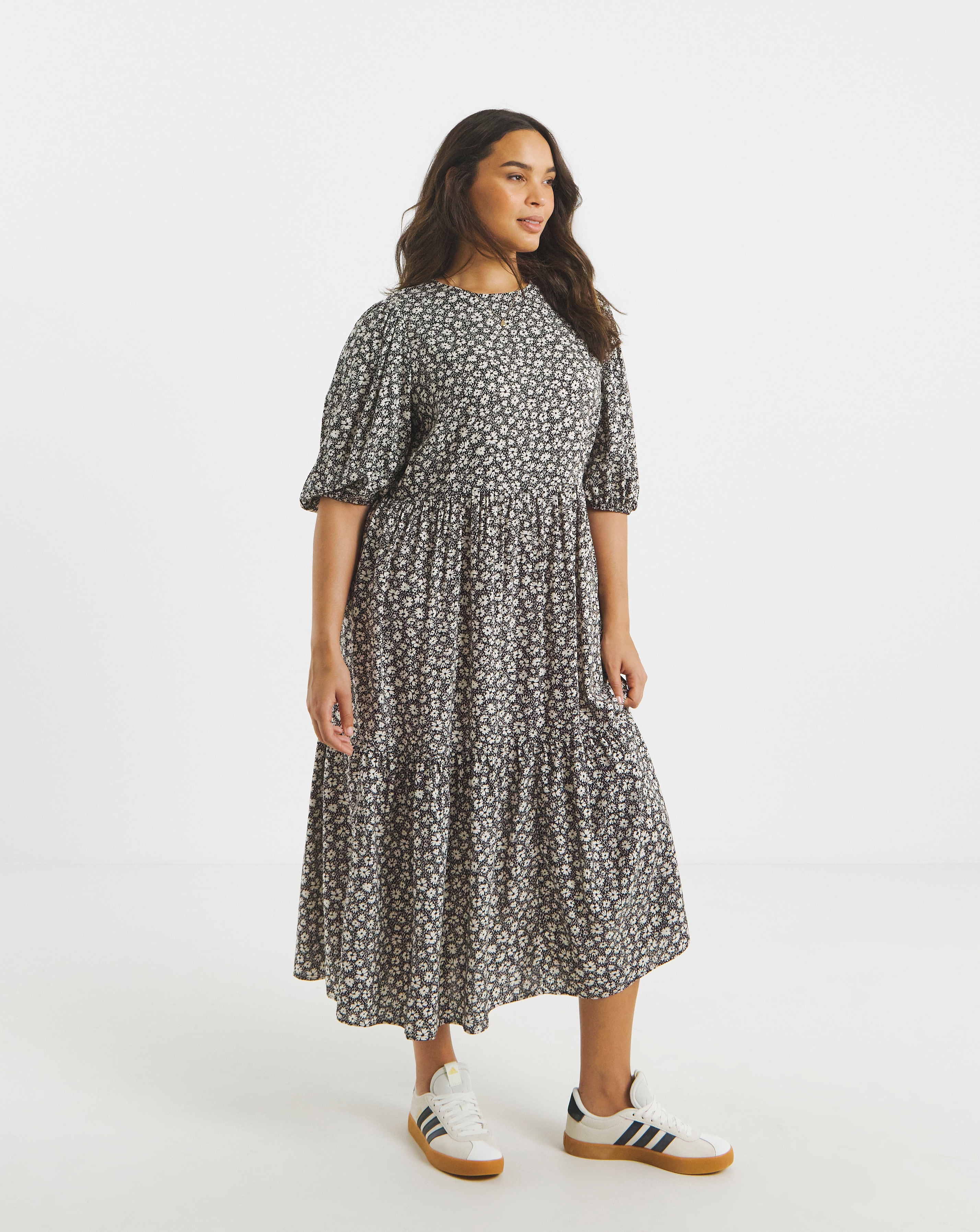 Mono Ditsy Print Tiered Midi Dress