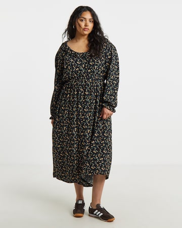 Ditsy Floral Print Frill Neck Detail Midi Dress