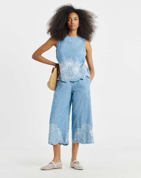 Light Wash Chambray Broderie Culotte Jeans