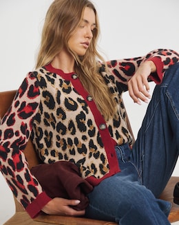 Simply Be Neutral &amp; Red Leopard Jacquard Cardigan