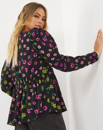 Black Floral V Neck Peplum Blouse with Puff Sleeves | Simply Be