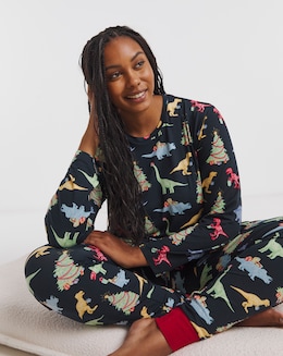 Chelsea Peers Jersey Crew Neck Christmas Dinosaur Print Pyjama Set