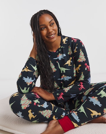 Chelsea Peers Jersey Crew Neck Christmas Dinosaur Print Pyjama Set