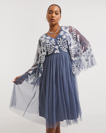 Maya Curve Cape Sleeve Floral Embellished Tulle Midi Dress