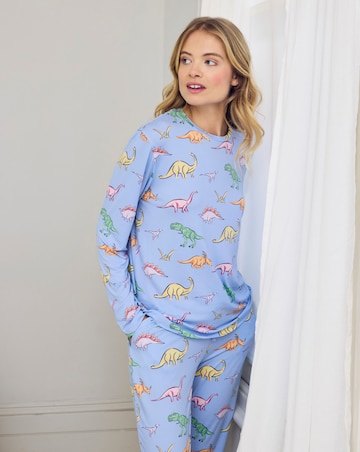 Chelsea Peers Classic Crew Neck Pyjama Set Dinosaur Print