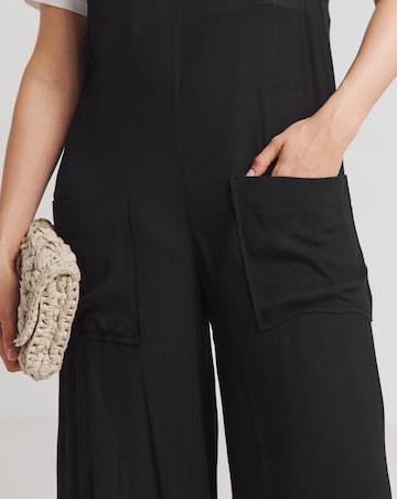 Black Crinkle Wide Leg Jumpsuit With Pockets