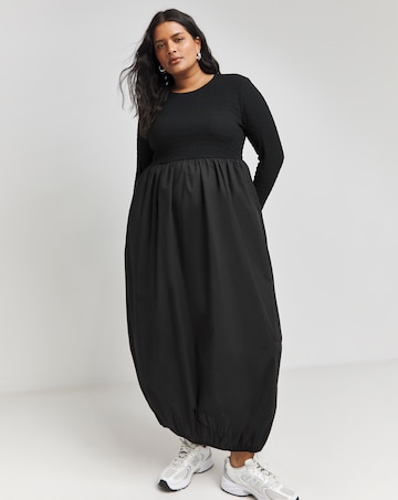 Black Long Sleeve Jersey Poplin Mix Puffball Dress With Pockets