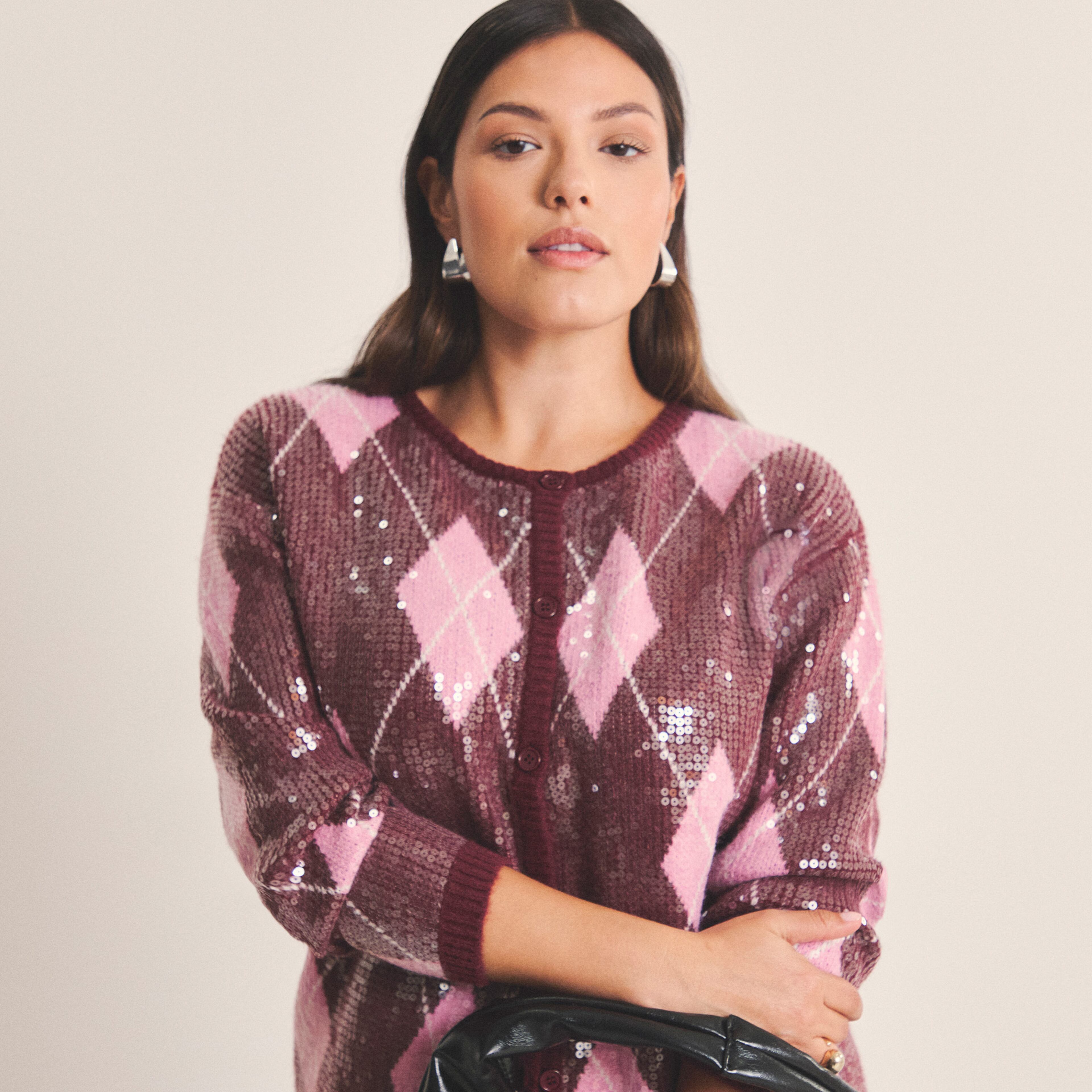 Model Wearing Crew Neck Clear Sequin Cardigan