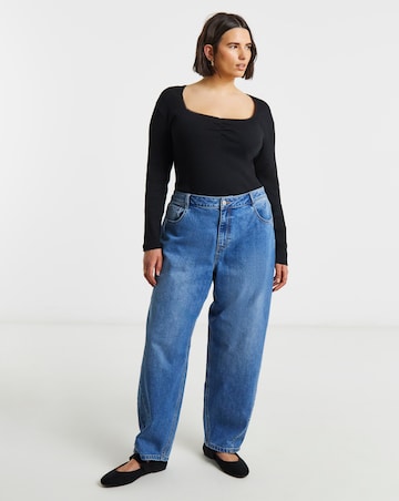 Simply Be Black Square Neck Long Sleeve Ribbed Top