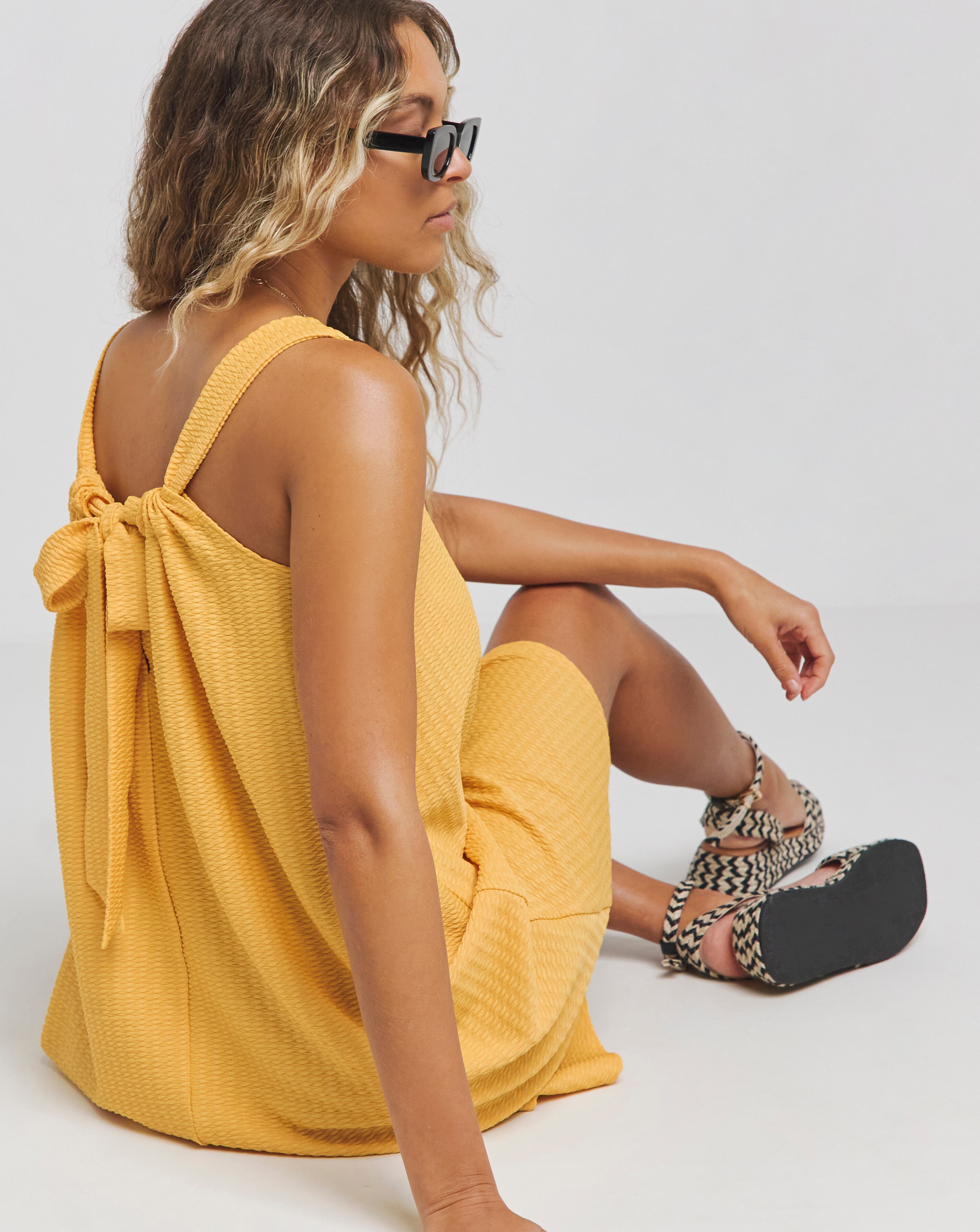 Ochre Textured Jersey Smock Dress With Tie Back Simply Be