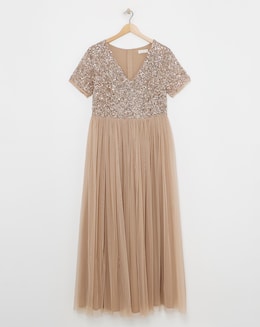 Maya Curve V-Neck Sequin Embellished Tulle Maxi Dress