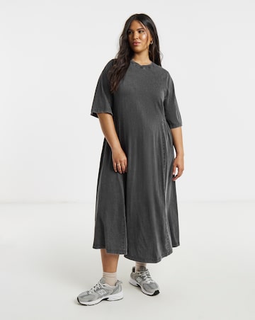Grey Acid Wash Midi Dress With Waist Detail