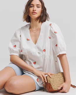 Ivory Poplin Watermelon Embroidered Puff Sleeve Blouse