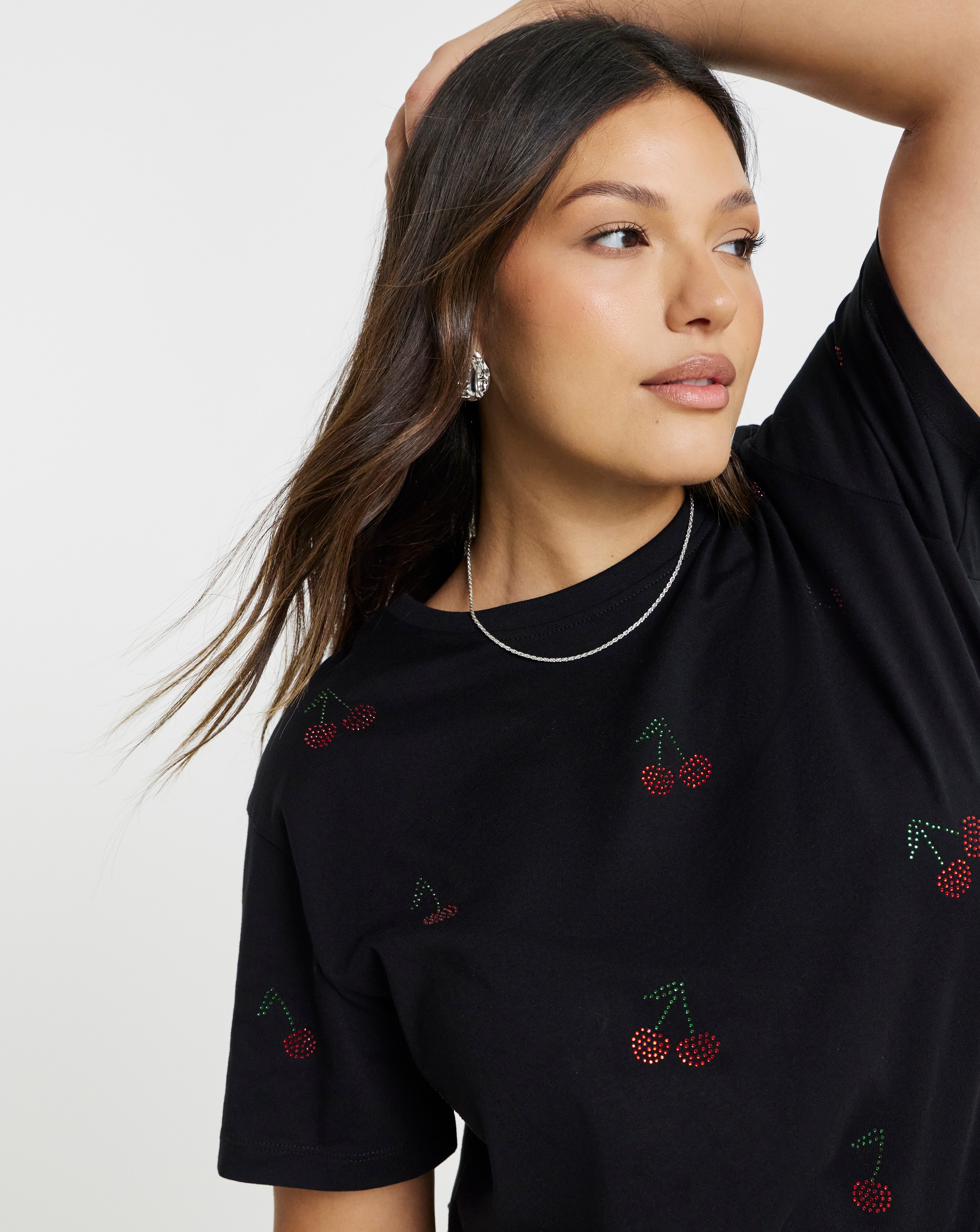 Black Hot Fix Cherries T-Shirt | Simply Be