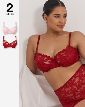 Pretty Secrets (2 Pack) Daisy Lace Full Cup Bras (B-G) Red/Pink