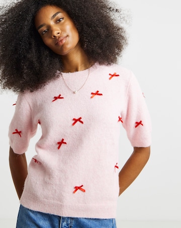 Simply Be Pink Embroidered Bow Knitted Half Sleeve Jumper