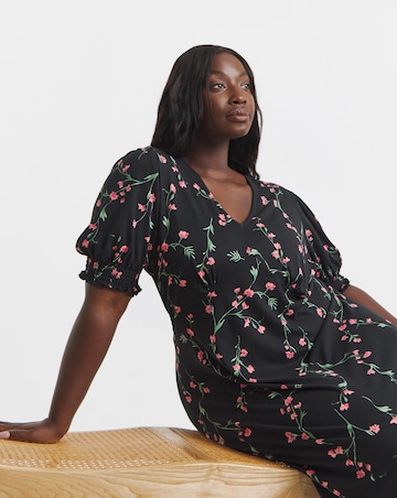 Black Ditsy Floral Print Supersoft Midi Dress