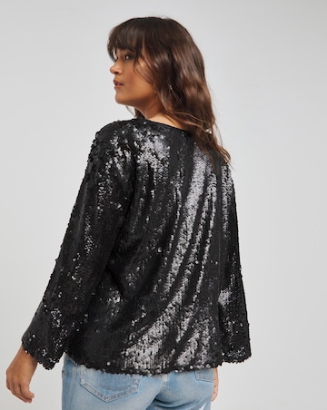Black Flared Sleeve Matte Sequin Top