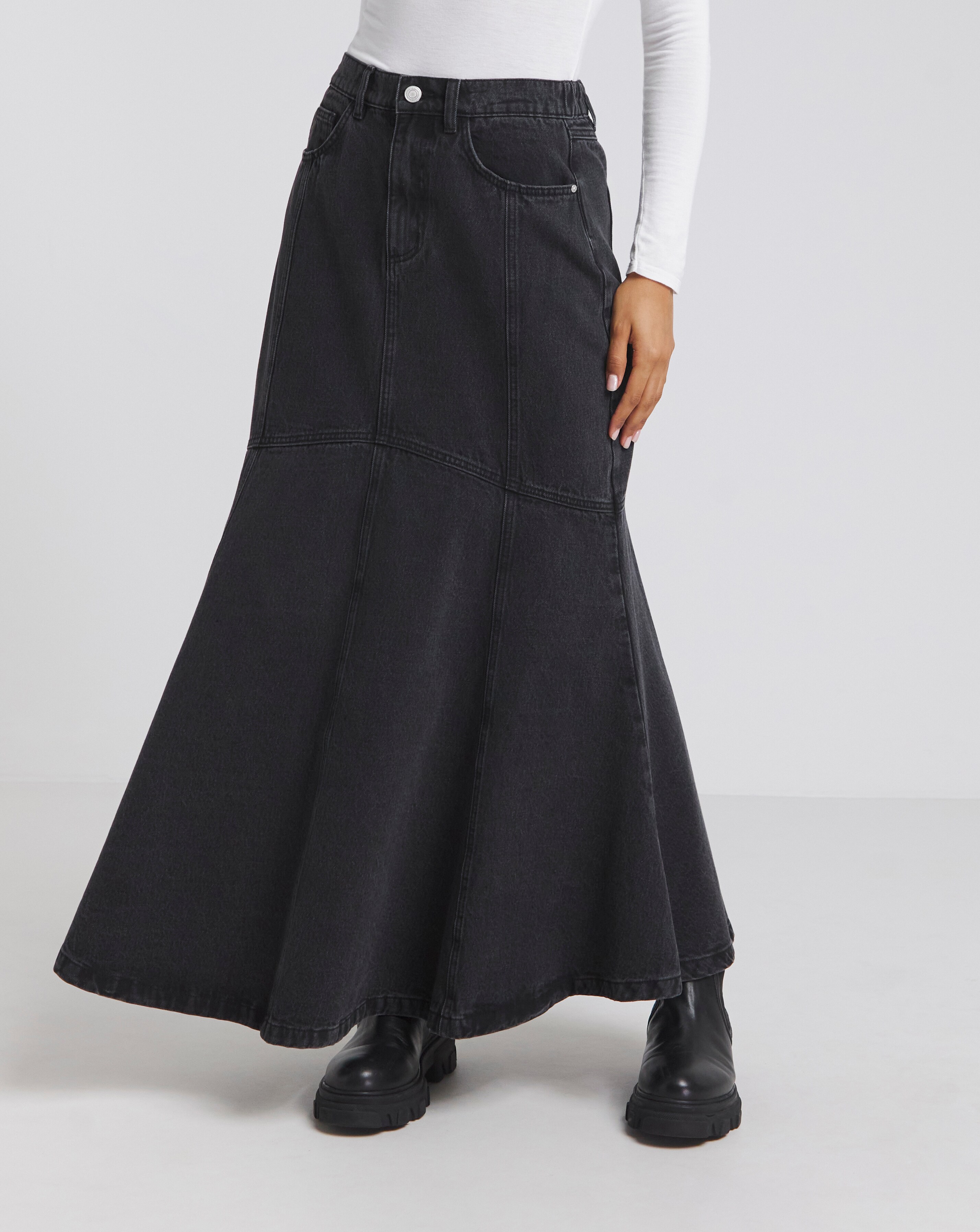 Simply Be Washed Black Fishtail Denim Maxi Skirt | Simply Be