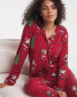 Chelsea Peers Jersey Button Up Christmas Print Pyjama Set