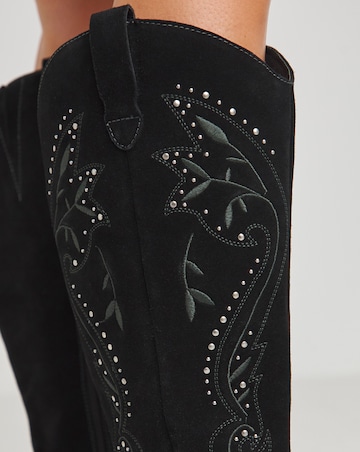 Venus Suede Embroidered Knee High Western Boots Wide E Fit Curvy Calf