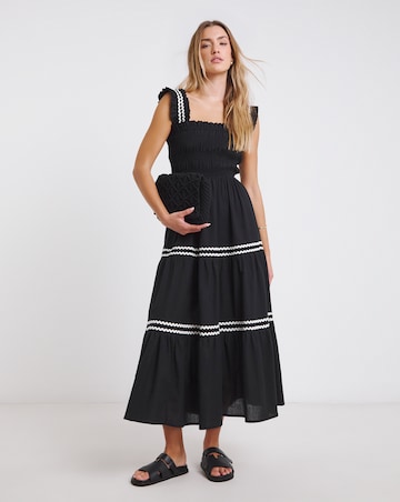 Black Shirred Maxi Dress with Scallop Detail
