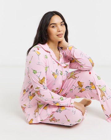 Chelsea Peers Classic Button Up Pyjama Set Cocktail Animals Print
