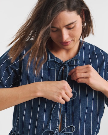 Simply Be Striped Blue Tie Front Denim Peplum Blouse