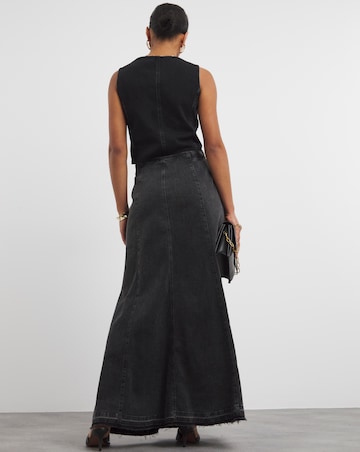 Washed Black Fit and Flare Denim Maxi Skirt