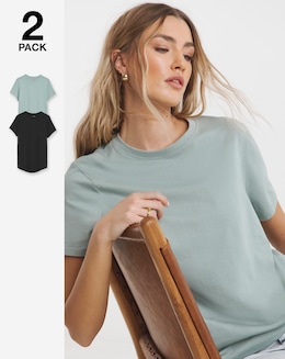 Black &amp; Sage 2 Pack Pure Cotton Curved Hem Longline T-Shirts