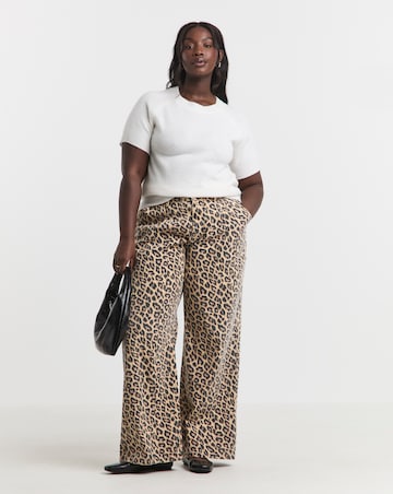 Leopard Print Denim Pleat Wide Leg Jeans