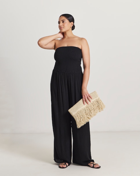 Beach To Beach Shirred Bandeau Beach Jumpsuit