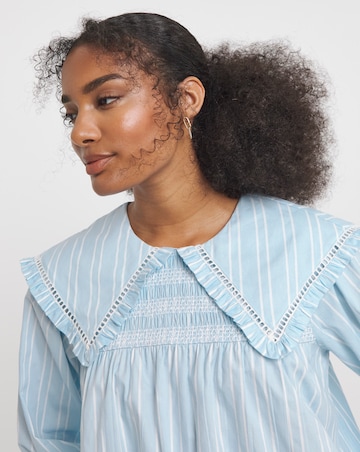 Neon Rose Printed Cotton Seersucker Stripe Smock Dress with Smocking and Collar