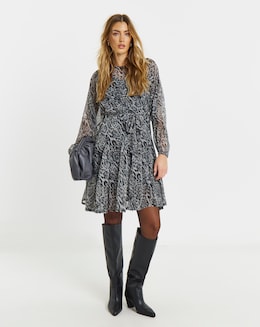 Simply Be Grey Leopard Skater Dress with Godet And Waist Tie Detail