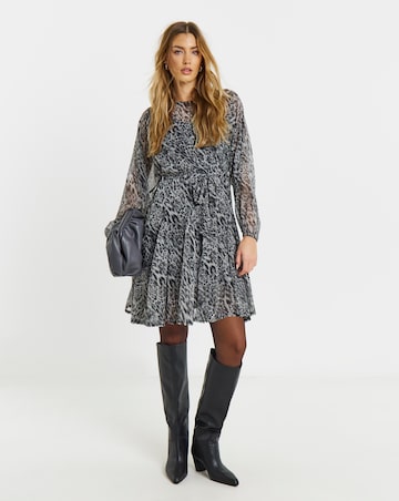 Simply Be Grey Leopard Skater Dress with Godet And Waist Tie Detail