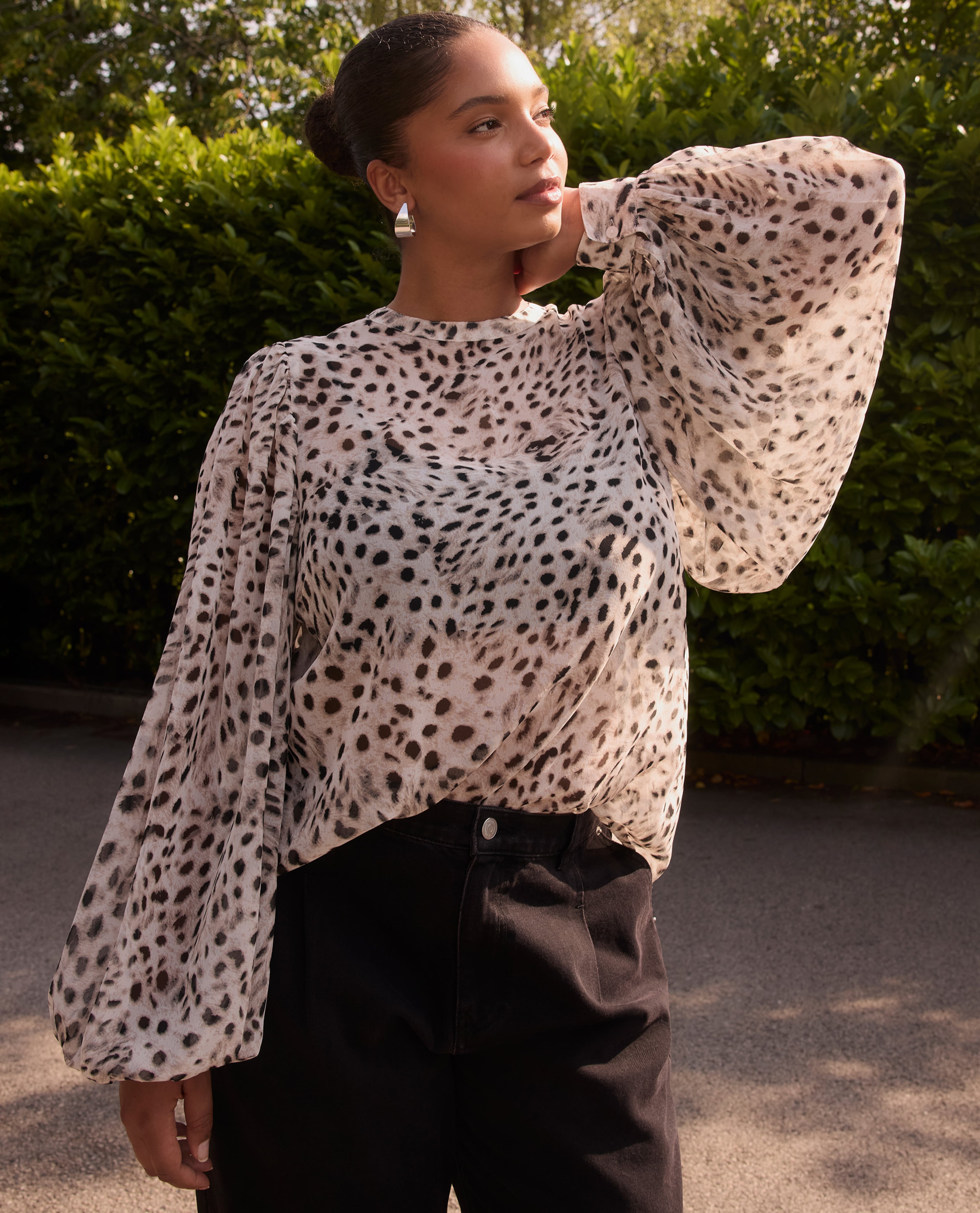 Model wears Simply Be Animal Crinkle Georgette Blouse