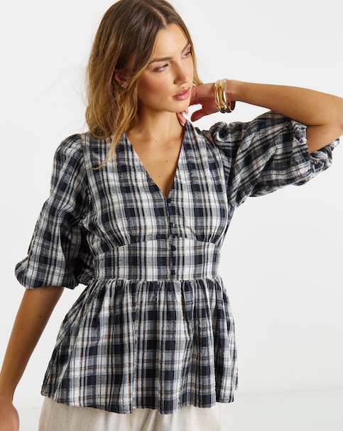 Brushed Cotton Puff Sleeve Tea Blouse