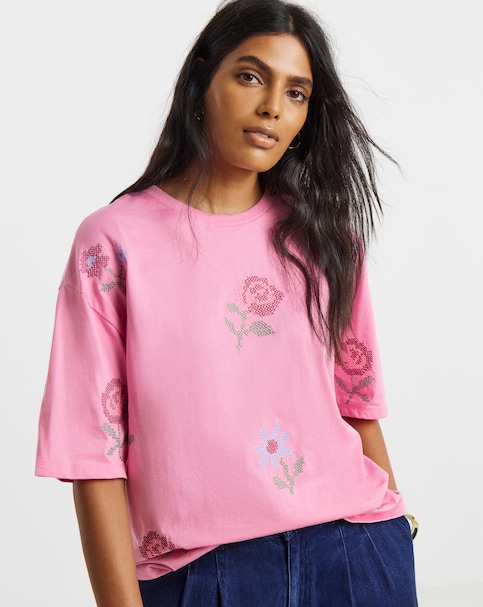 Simply Be Pink Cross Stitch Embroidered T-Shirt