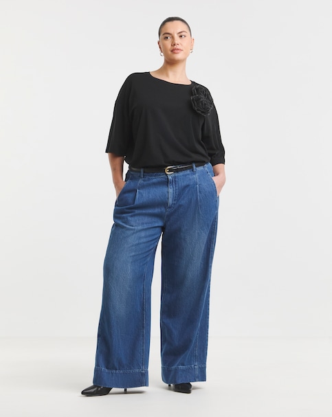 Simply Be Authentic Mid Blue Drape Wide Leg Jeans